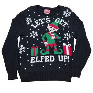 Hybrid Holiday Ugly Christmas Sweater Elf Let's Get Elfed Up Black L‎